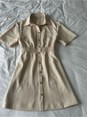 Sandro Cream Button-Front Mini Shirtdress with Smocked Waist